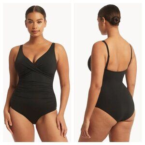 Sea Level Plains Cross Front Ruched One Piece Swimsuit Tummy Control in Black 6
